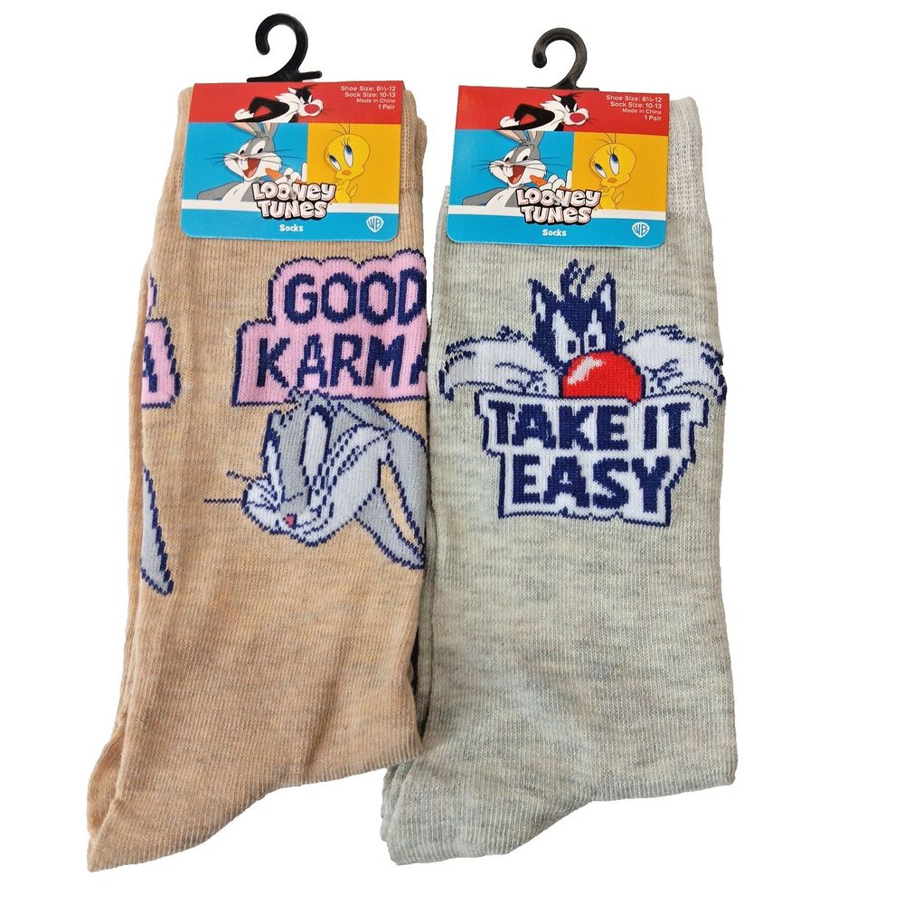 Looney Tunes Bugs Bunny Sylvester Cartoon TV Socks 2 Pair Men Crew Size 6-12 NWT